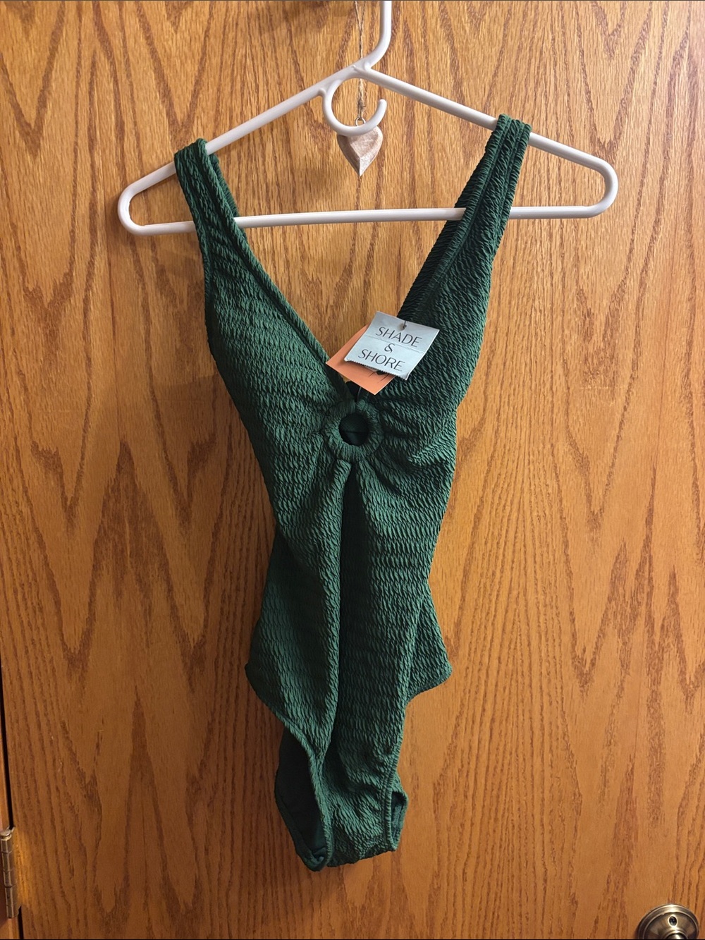 Shade & Shore Deep Green Textured One-Piece Swimsuit with Front Ring